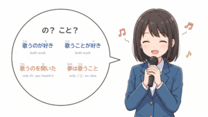 A student singing beside a speech bubble asking の？ こと？ with four example phrases